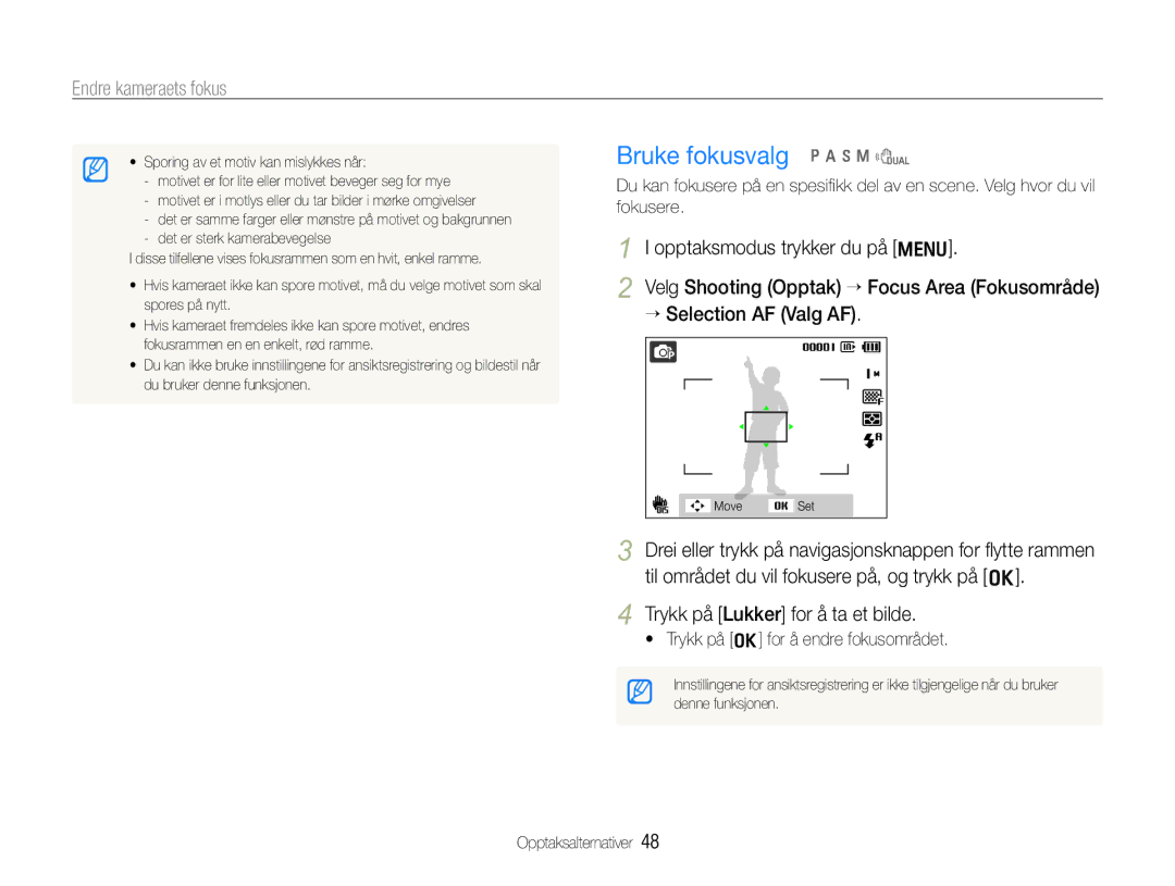 Samsung EC-WB610ZBDBE2, EC-WB600ZBPBE2 manual Bruke fokusvalg p a h n d 