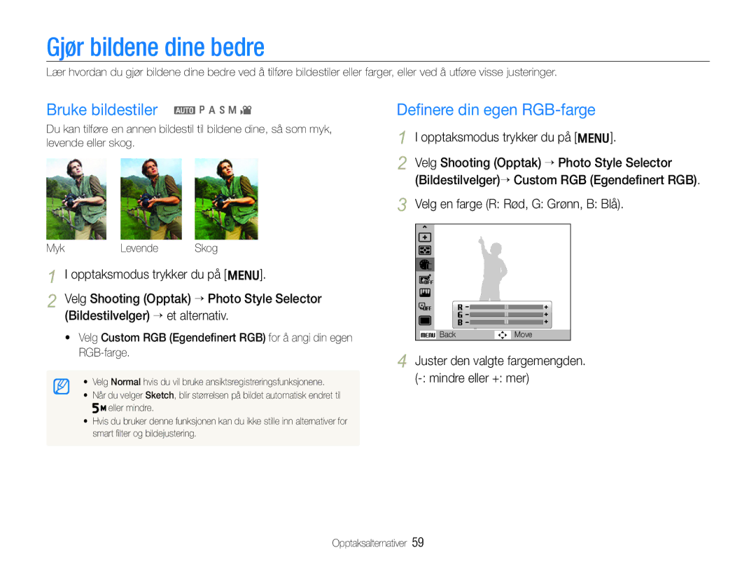 Samsung EC-WB600ZBPBE2, EC-WB610ZBDBE2 Gjør bildene dine bedre, Bruke bildestiler a p a h n, Deﬁnere din egen RGB-farge 