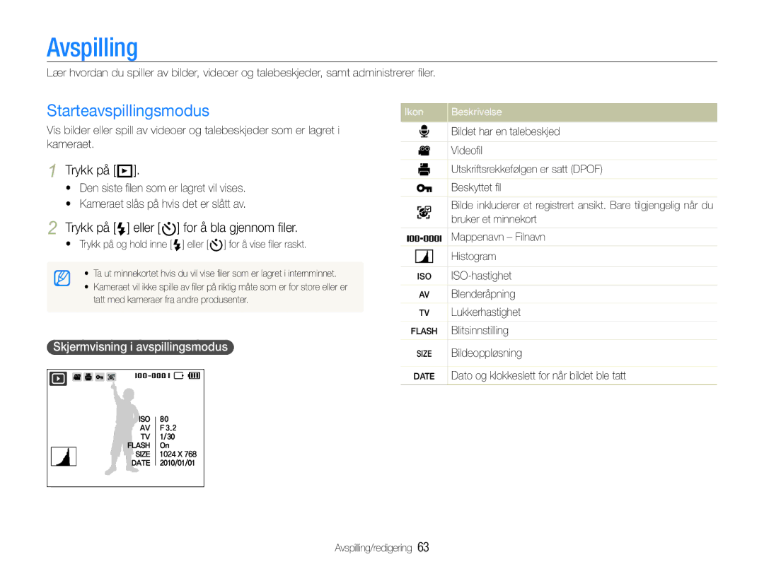 Samsung EC-WB600ZBPBE2 manual Avspilling, Starteavspillingsmodus, Trykk på P, Trykk på F eller t for å bla gjennom ﬁler 