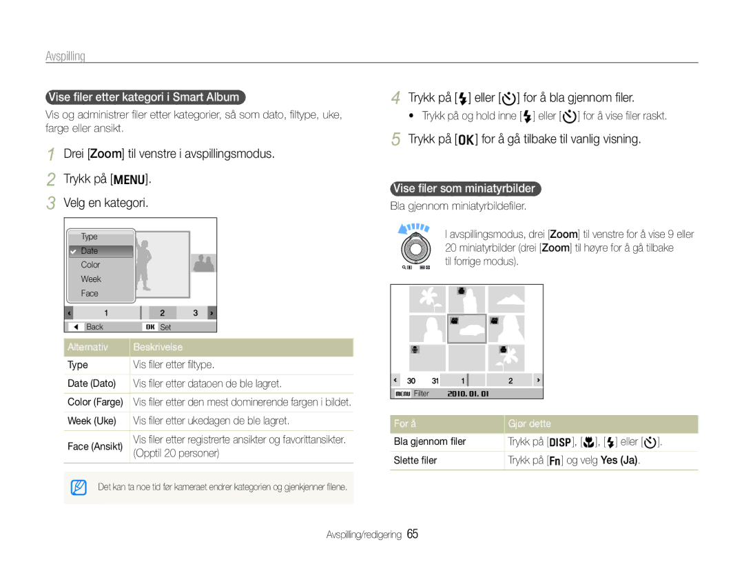 Samsung EC-WB600ZBPBE2 manual Trykk på o for å gå tilbake til vanlig visning, Vise ﬁler etter kategori i Smart Album 