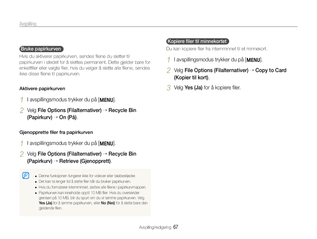 Samsung EC-WB600ZBPBE2, EC-WB610ZBDBE2 Kopiere ﬁler til minnekortet Bruke papirkurven, Gjenopprette ﬁler fra papirkurven 
