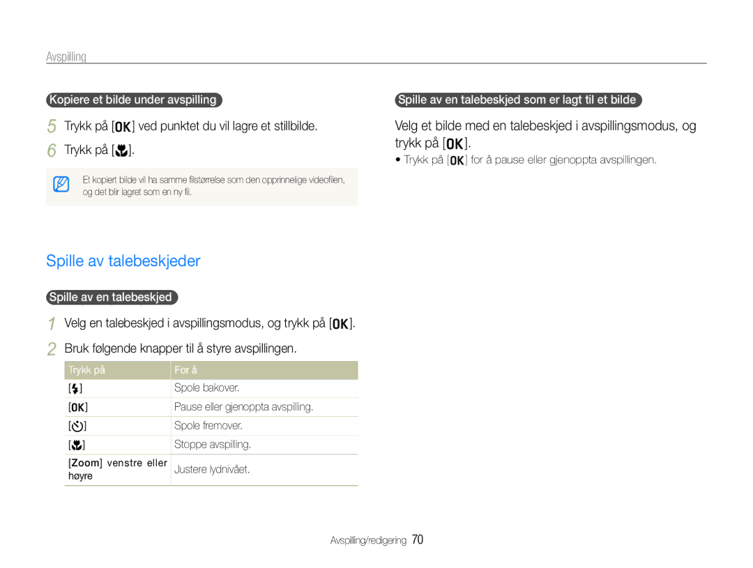 Samsung EC-WB610ZBDBE2 manual Spille av talebeskjeder, Kopiere et bilde under avspilling, Spille av en talebeskjed 