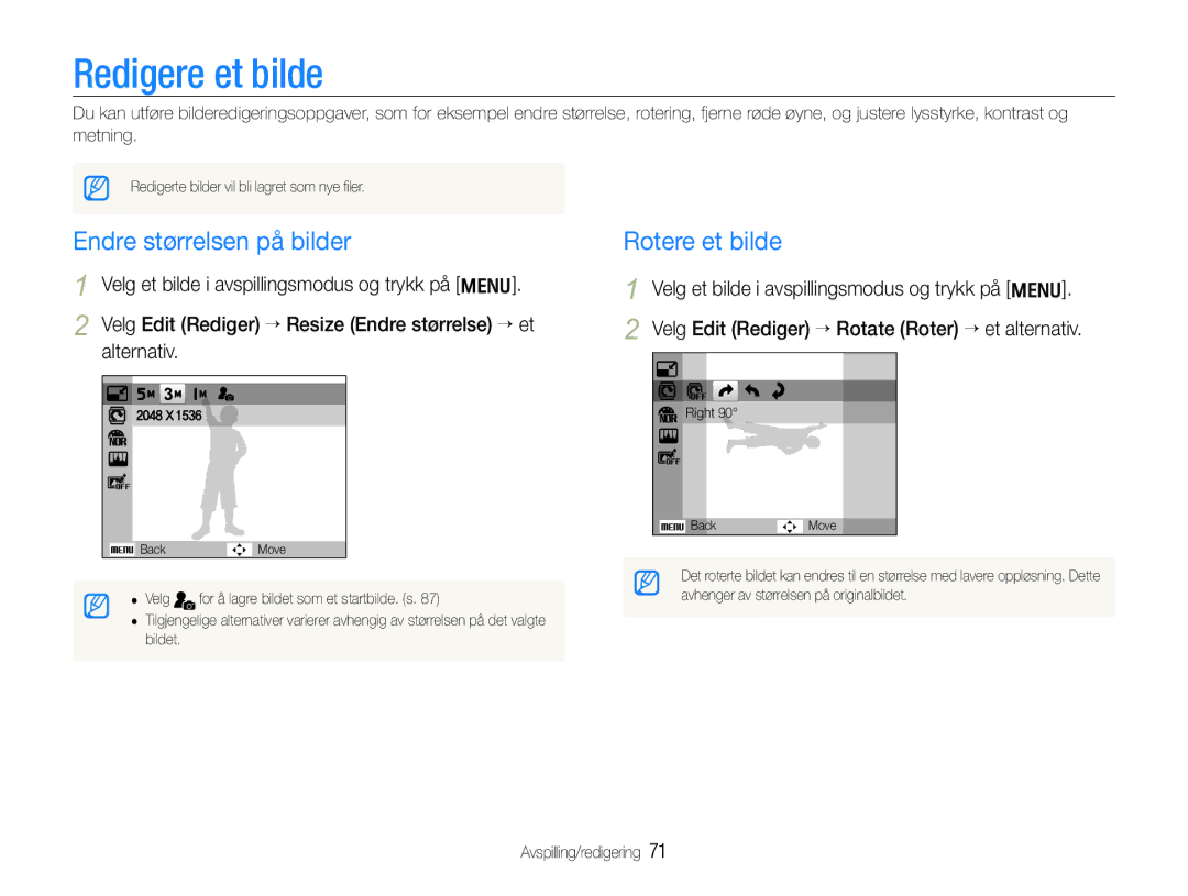 Samsung EC-WB600ZBPBE2, EC-WB610ZBDBE2 manual Redigere et bilde, Endre størrelsen på bilder, Rotere et bilde 