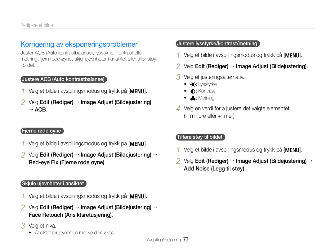 Samsung EC-WB600ZBPBE2, EC-WB610ZBDBE2 manual Korrigering av eksponeringsproblemer, ¢ Acb 