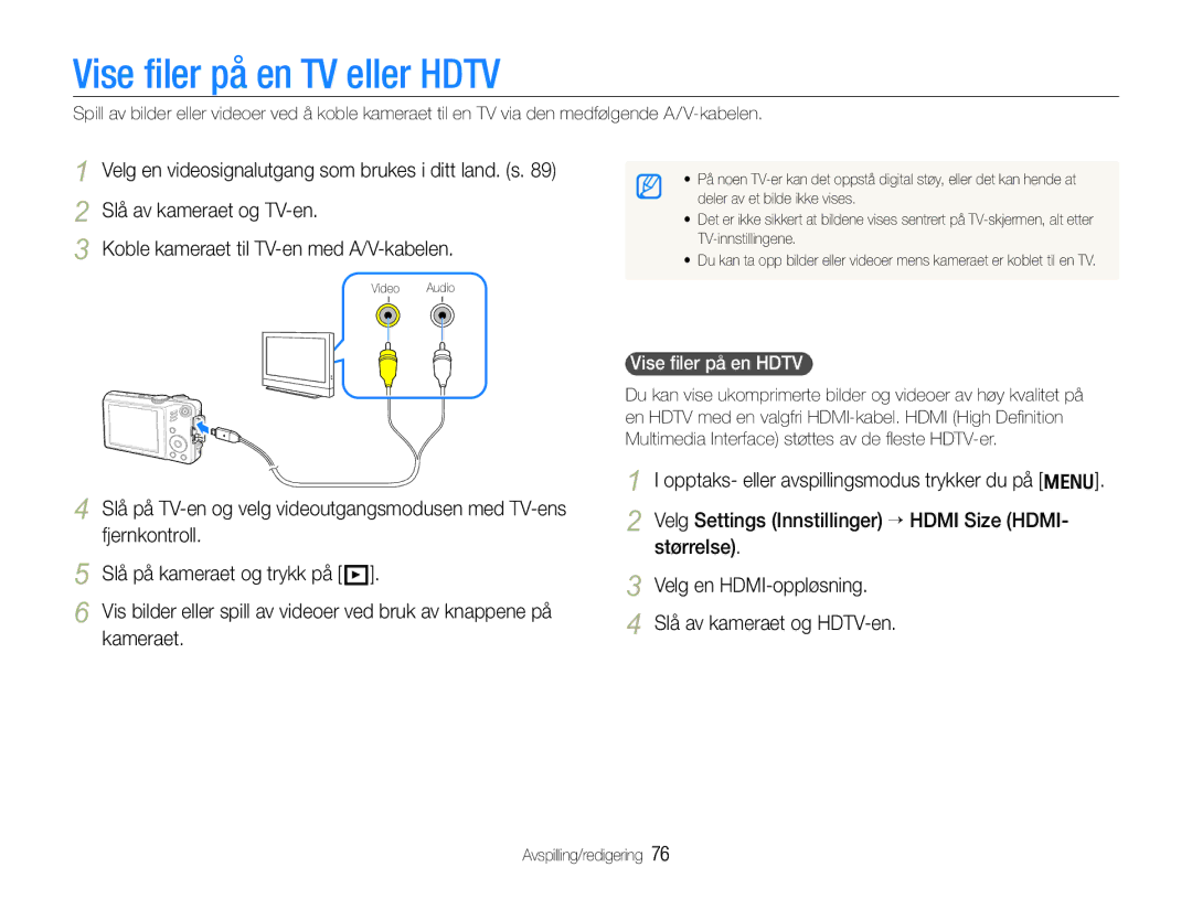 Samsung EC-WB610ZBDBE2, EC-WB600ZBPBE2 manual Vise filer på en TV eller Hdtv, Vise ﬁler på en Hdtv 