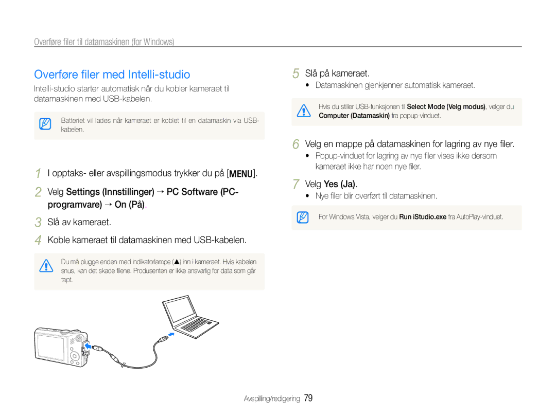 Samsung EC-WB600ZBPBE2, EC-WB610ZBDBE2 manual Overføre ﬁler med Intelli-studio, Overføre ﬁler til datamaskinen for Windows 