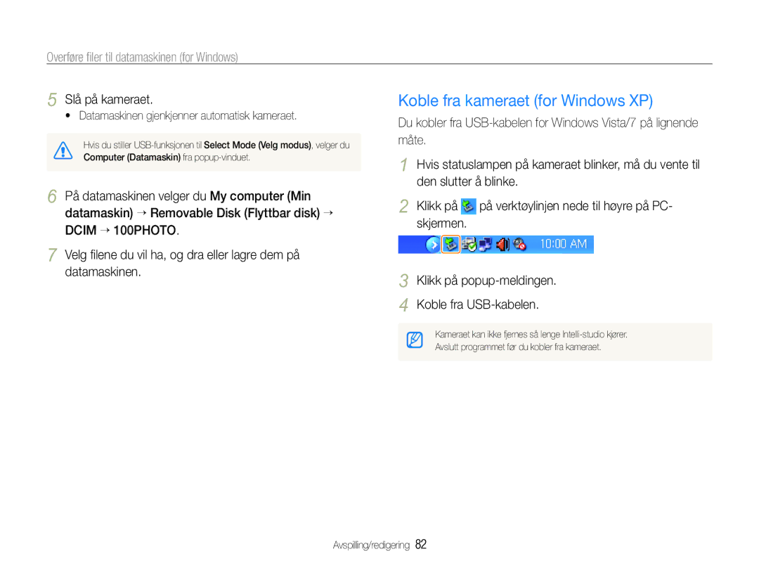 Samsung EC-WB610ZBDBE2 manual Koble fra kameraet for Windows XP, Skjermen Klikk på popup-meldingen Koble fra USB-kabelen 