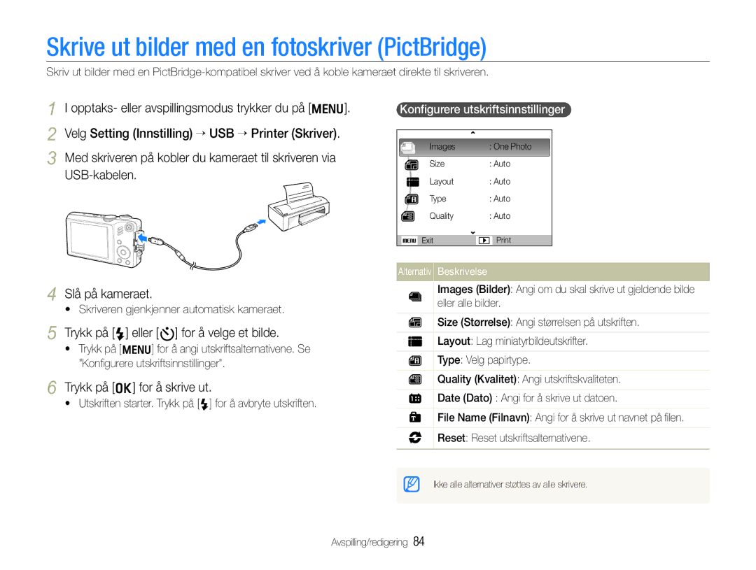 Samsung EC-WB610ZBDBE2 manual Skrive ut bilder med en fotoskriver PictBridge, Trykk på F eller t for å velge et bilde 