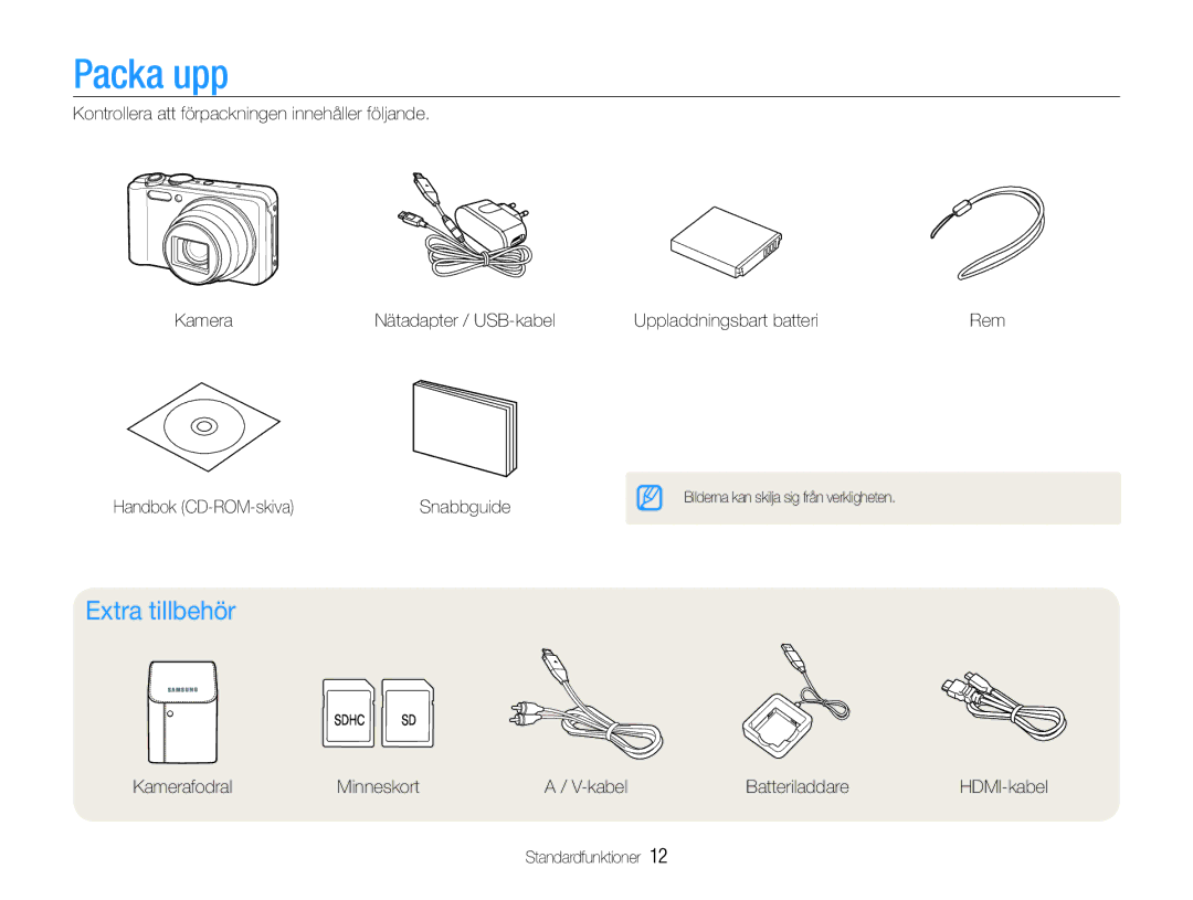 Samsung EC-WB610ZBDBE2 manual Packa upp, Extra tillbehör, Kontrollera att förpackningen innehåller följande Kamera 