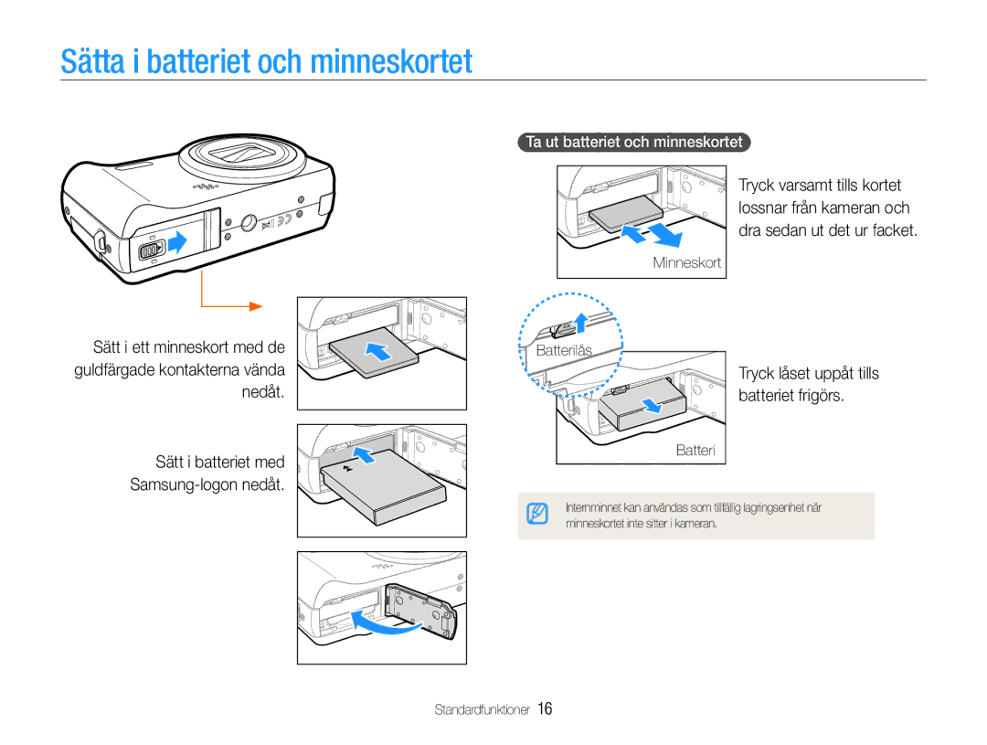 Samsung EC-WB610ZBDBE2, EC-WB600ZBPBE2 Sätta i batteriet och minneskortet, Ta ut batteriet och minneskortet, Batterilås 