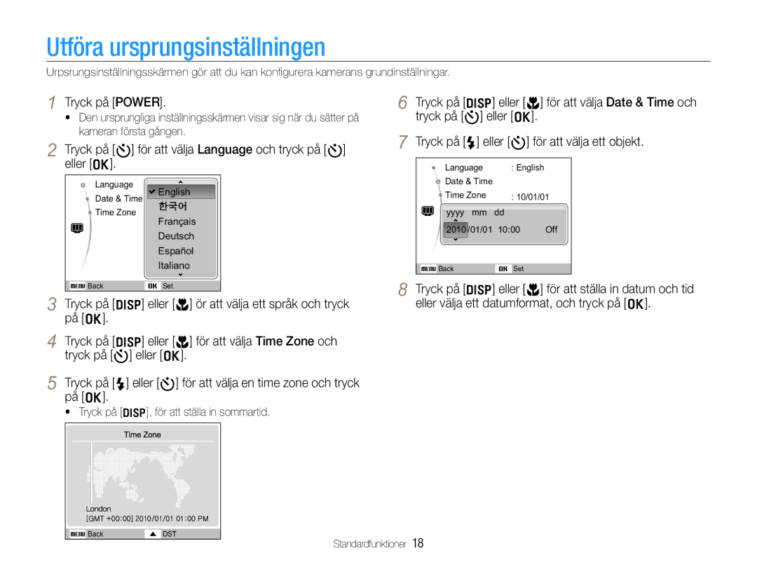 Samsung EC-WB610ZBDBE2, EC-WB600ZBPBE2 manual Utföra ursprungsinställningen, Tryck på Power 