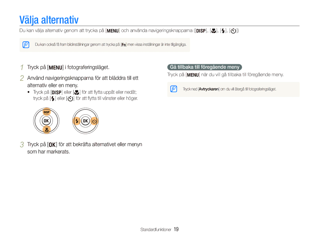 Samsung EC-WB600ZBPBE2, EC-WB610ZBDBE2 manual Välja alternativ, Gå tillbaka till föregående meny 