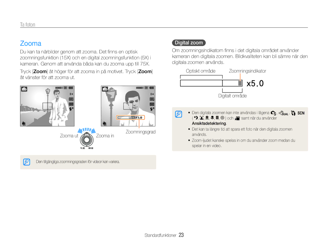 Samsung EC-WB600ZBPBE2, EC-WB610ZBDBE2 manual Ta foton, Digital zoom, Zooma ut Zooma, Digitalt område 