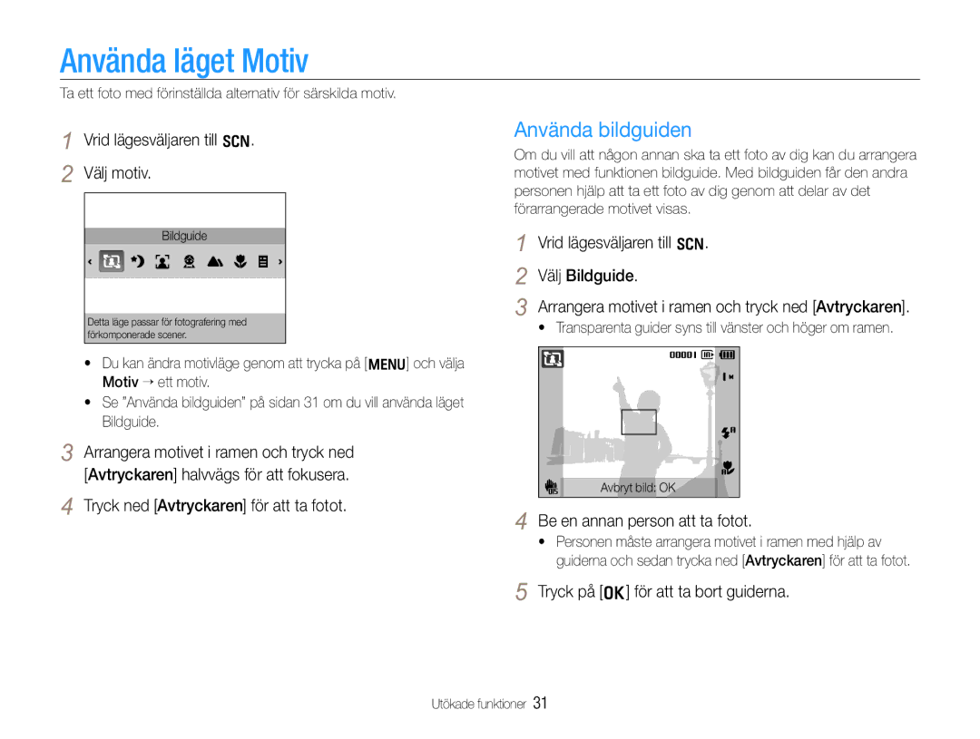 Samsung EC-WB600ZBPBE2, EC-WB610ZBDBE2 manual Använda läget Motiv, Använda bildguiden 