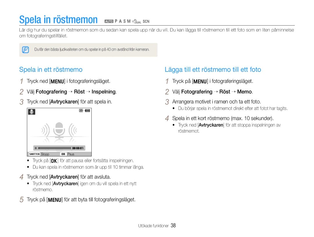 Samsung EC-WB610ZBDBE2 Spela in röstmemon a p a h n d s, Spela in ett röstmemo, Lägga till ett röstmemo till ett foto 