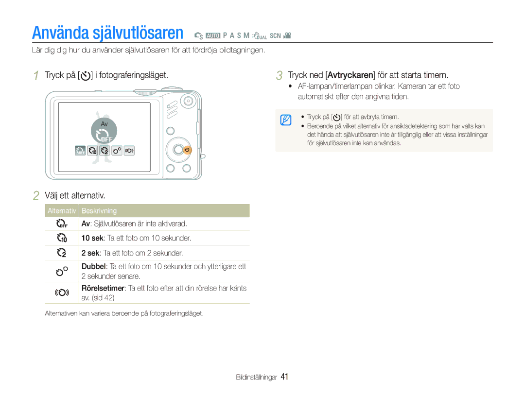 Samsung EC-WB600ZBPBE2, EC-WB610ZBDBE2 manual Använda självutlösaren S a p a h n d s, Välj ett alternativ 