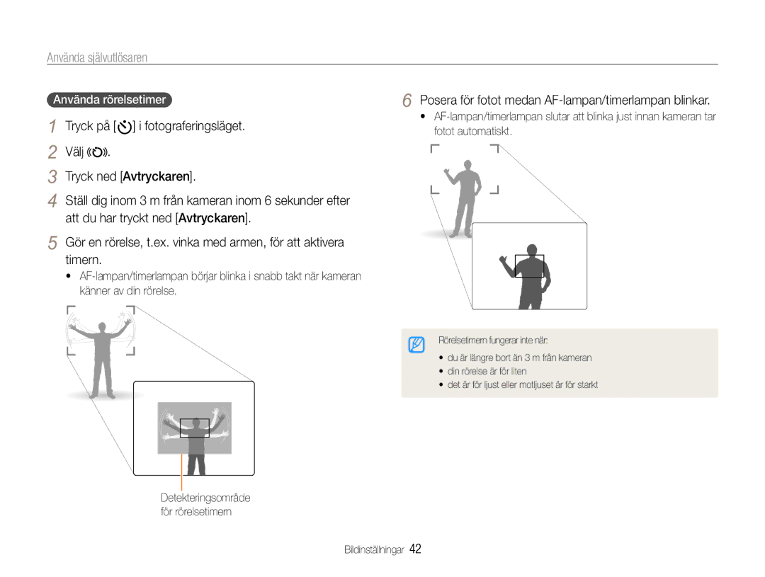 Samsung EC-WB610ZBDBE2 manual Använda självutlösaren, Tryck på t i fotograferingsläget, Välj Tryck ned Avtryckaren 