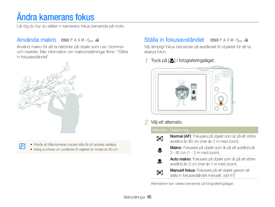 Samsung EC-WB610ZBDBE2 manual Ändra kamerans fokus, Använda makro a p a h n d, Ställa in fokusavståndet a p a h n d 