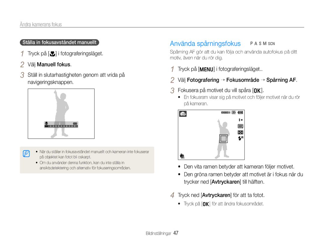 Samsung EC-WB600ZBPBE2 manual Använda spårningsfokus p a h n s, Ändra kamerans fokus, Ställa in fokusavståndet manuellt 