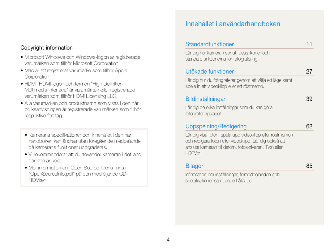 Samsung EC-WB610ZBDBE2 Innehållet i användarhandboken, Copyright-information, Spela in ett videoklipp eller ett röstmemo 