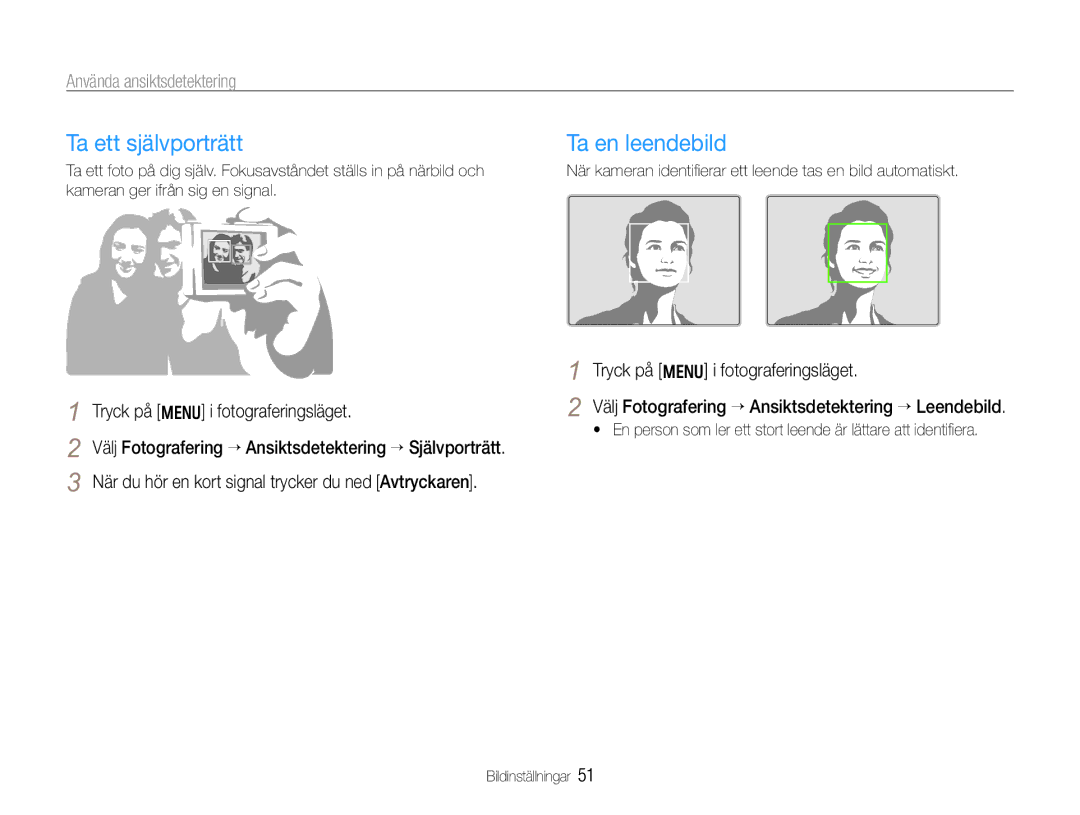 Samsung EC-WB600ZBPBE2, EC-WB610ZBDBE2 manual Ta ett självporträtt, Ta en leendebild, Använda ansiktsdetektering 