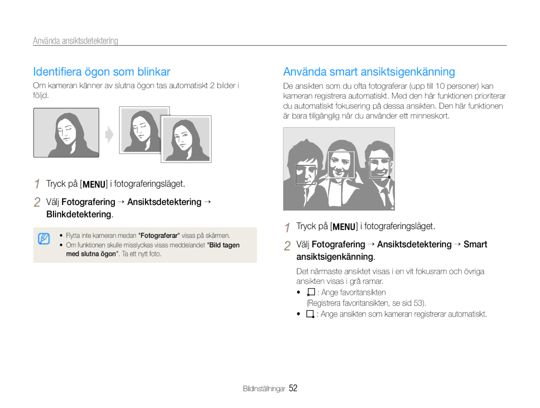 Samsung EC-WB610ZBDBE2, EC-WB600ZBPBE2 manual Identiﬁera ögon som blinkar, Använda smart ansiktsigenkänning 