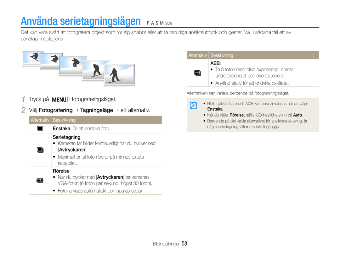 Samsung EC-WB610ZBDBE2 manual Använda serietagningslägen p a h n s, Välj Fotografering ¢Tagningsläge ¢ ett alternativ 