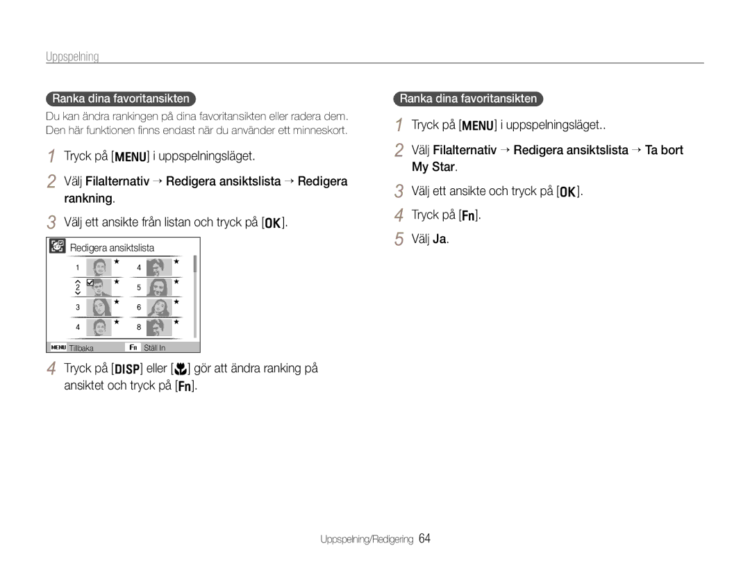 Samsung EC-WB610ZBDBE2, EC-WB600ZBPBE2 manual Uppspelning, Ranka dina favoritansikten, Redigera ansiktslista 