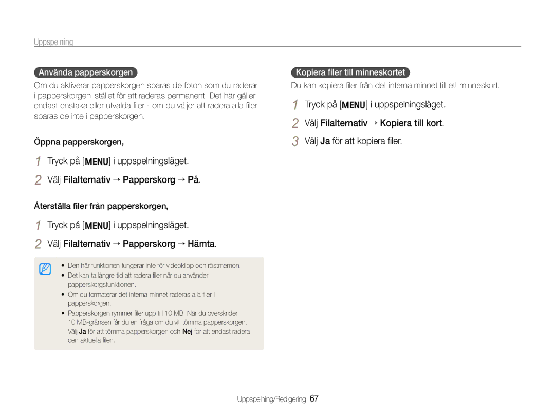 Samsung EC-WB600ZBPBE2 manual Använda papperskorgen, Kopiera ﬁler till minneskortet, Återställa ﬁler från papperskorgen 