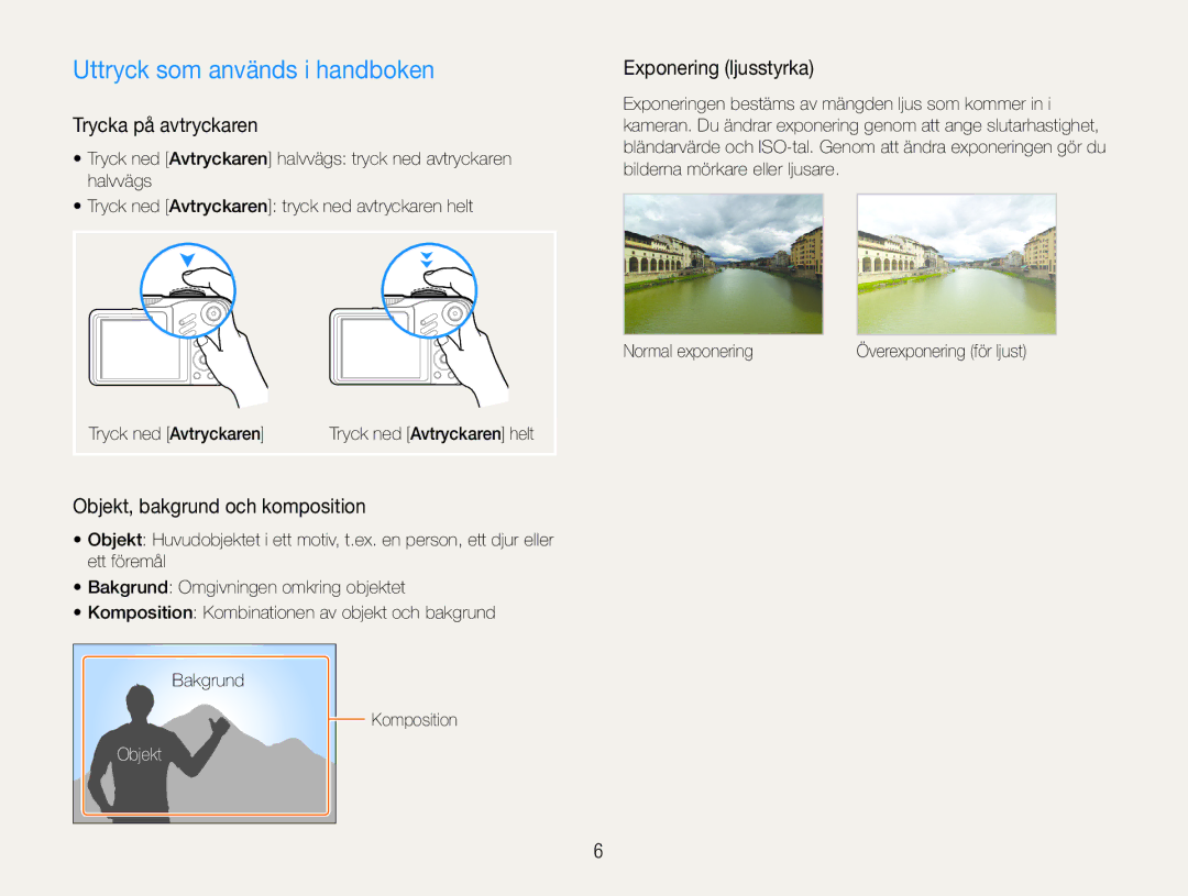 Samsung EC-WB610ZBDBE2 manual Uttryck som används i handboken, Trycka på avtryckaren, Exponering ljusstyrka, Objekt 