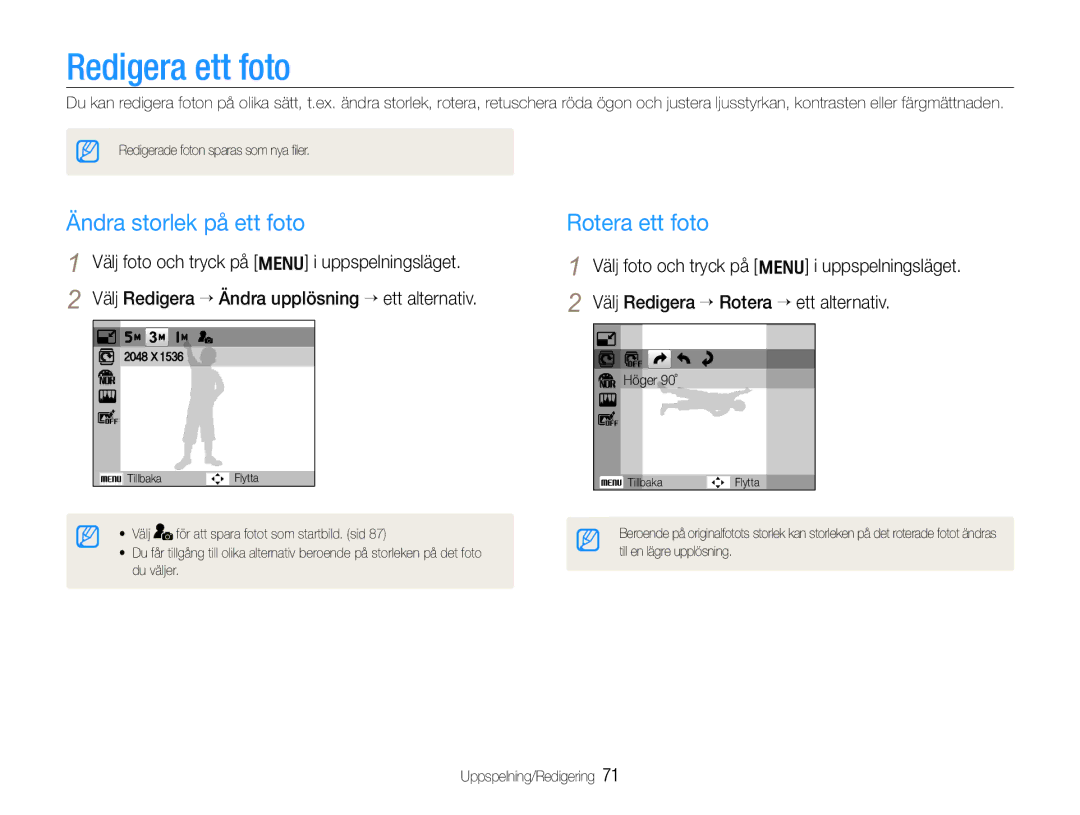 Samsung EC-WB600ZBPBE2, EC-WB610ZBDBE2 manual Redigera ett foto, Ändra storlek på ett foto, Rotera ett foto 