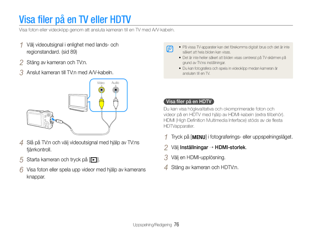 Samsung EC-WB610ZBDBE2 Visa filer på en TV eller Hdtv, Välj videoutsignal i enlighet med lands- och, Regionstandard. sid 