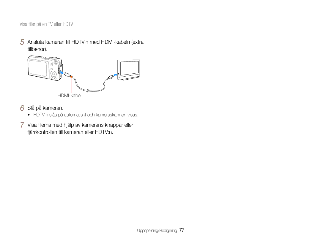 Samsung EC-WB600ZBPBE2 manual Visa ﬁler på en TV eller Hdtv, Ansluta kameran till HDTVn med HDMI-kabeln extra tillbehör 