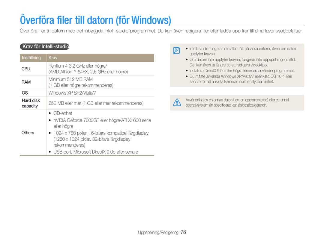 Samsung EC-WB610ZBDBE2, EC-WB600ZBPBE2 Överföra filer till datorn för Windows, Krav för Intelli-studio, Inställning Krav 