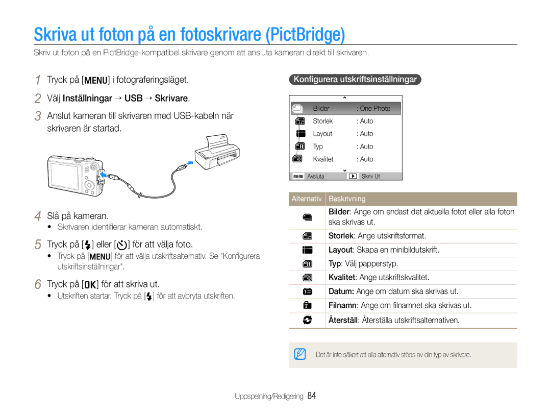 Samsung EC-WB610ZBDBE2 manual Skriva ut foton på en fotoskrivare PictBridge, Tryck på F eller t för att välja foto 