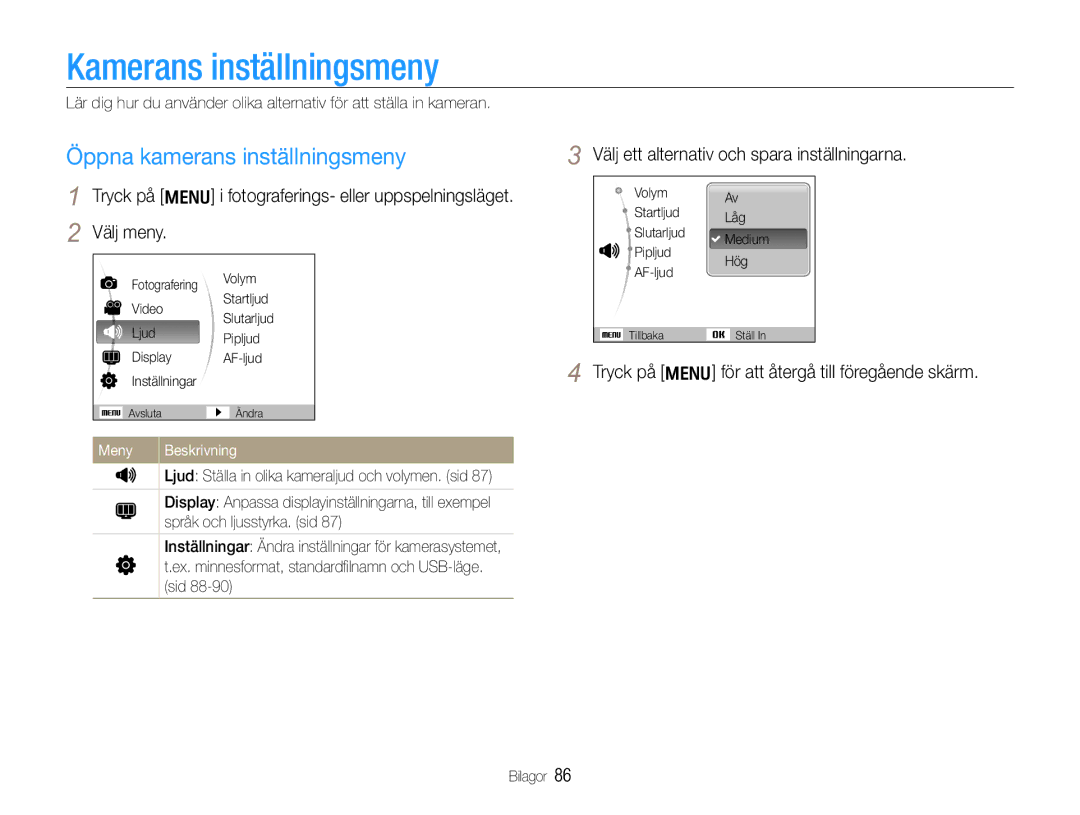 Samsung EC-WB610ZBDBE2, EC-WB600ZBPBE2 manual Kamerans inställningsmeny, Öppna kamerans inställningsmeny, Meny Beskrivning 