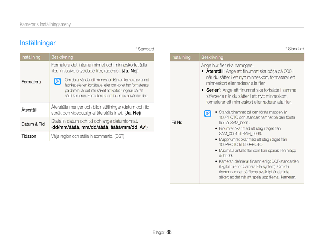 Samsung EC-WB610ZBDBE2, EC-WB600ZBPBE2 manual Inställningar, Formatera, Fil Nr, Ange hur ﬁler ska namnges 