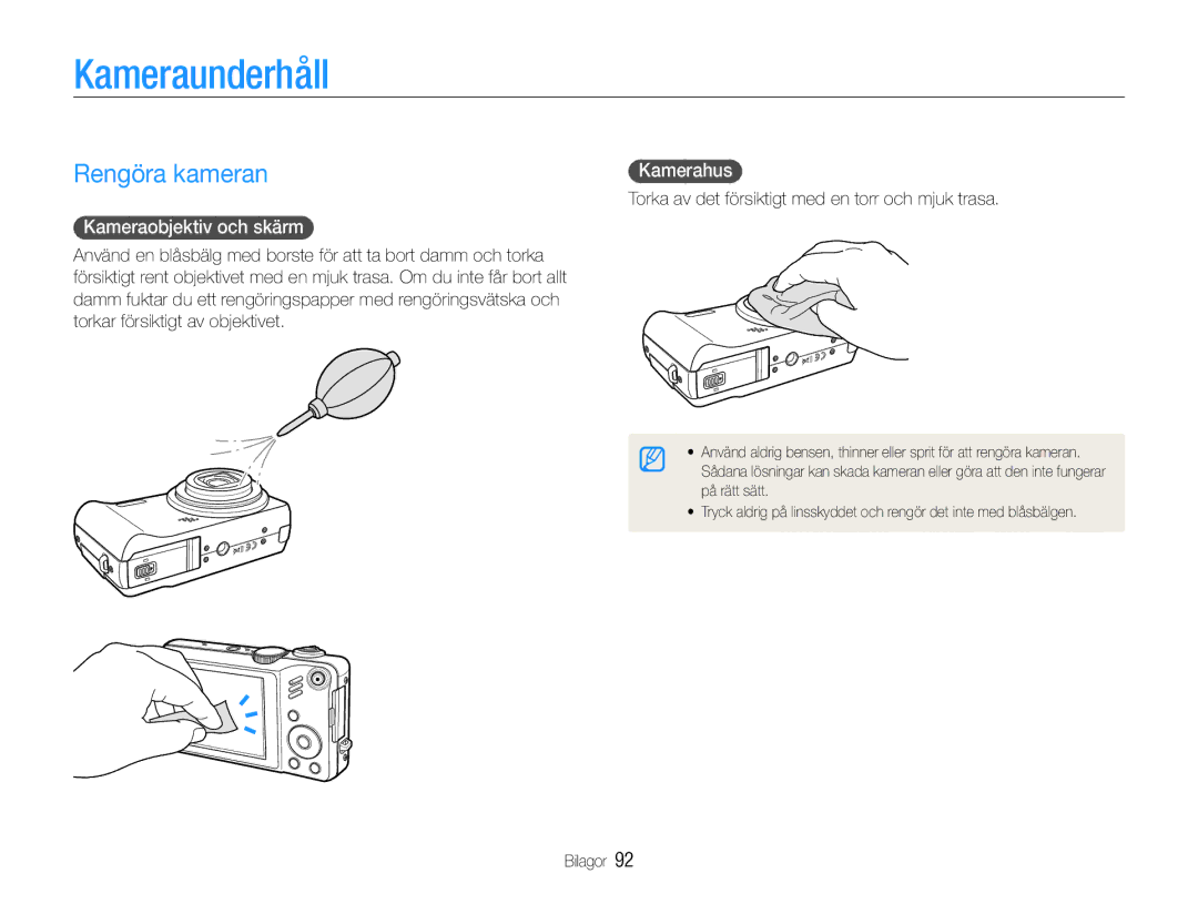 Samsung EC-WB610ZBDBE2, EC-WB600ZBPBE2 manual Kameraunderhåll, Rengöra kameran, Kameraobjektiv och skärm, Kamerahus 