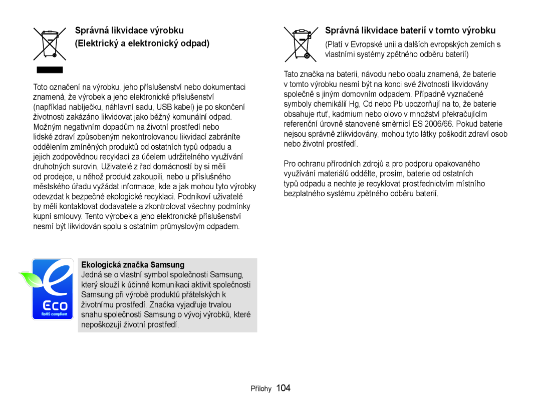 Samsung EC-WB600ZBPBE3, EC-WB600ZBPNE3, EC-WB600ZBPAE3 Správná likvidace baterií v tomto výrobku, Ekologická značka Samsung 