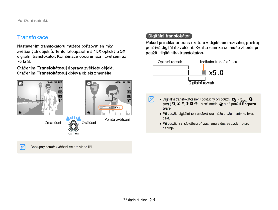 Samsung EC-WB600ZBPBE3, EC-WB600ZBPNE3, EC-WB600ZBPAE3 manual Transfokace, Digitální transfokátor, Zvětšení, Digitální rozsah 
