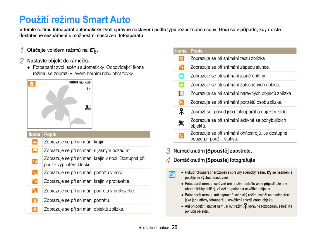 Samsung EC-WB600ZBPAE3, EC-WB600ZBPBE3, EC-WB600ZBPNE3 Použití režimu Smart Auto, Zobrazuje se při snímání textu zblízka 