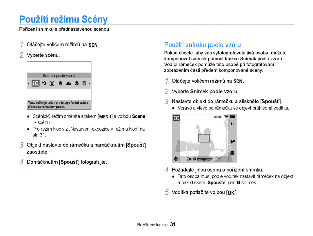 Samsung EC-WB600ZBPAE3, EC-WB600ZBPBE3 manual Použití režimu Scény, Použití snímku podle vzoru, Vyberte Snímek podle vzoru 