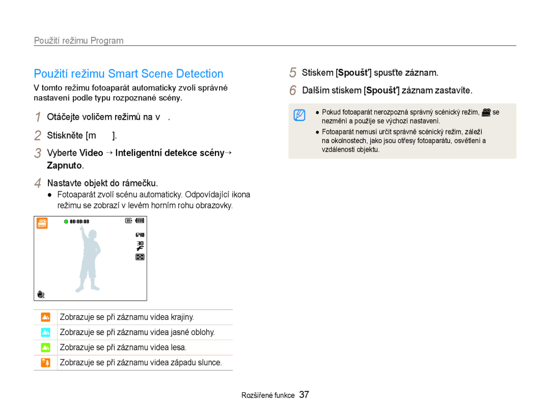 Samsung EC-WB600ZBPAE3, EC-WB600ZBPBE3 Vyberte Video ¢ Inteligentní detekce scény¢ Zapnuto, Nastavte objekt do rámečku 