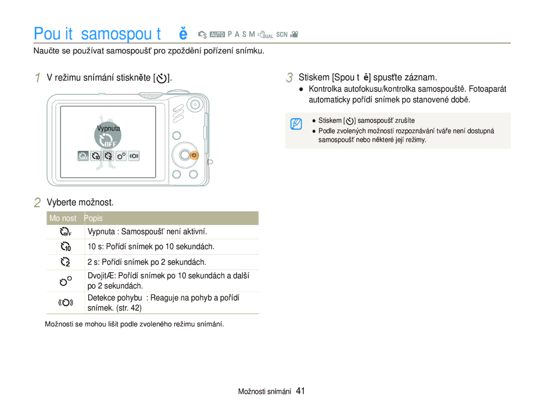 Samsung EC-WB600ZBPBE3, EC-WB600ZBPNE3 manual Režimu snímání stiskněte t, Stiskem Spouště spusťte záznam, Vyberte možnost 