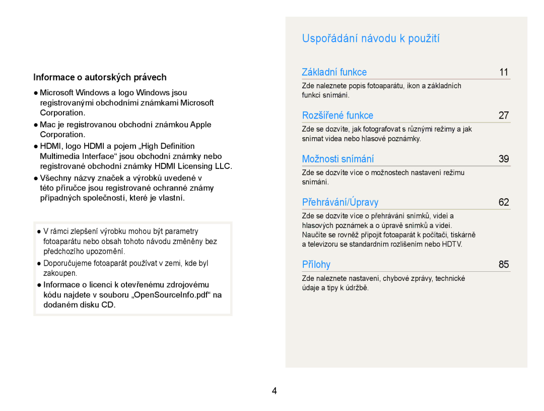 Samsung EC-WB600ZBPAE3, EC-WB600ZBPBE3, EC-WB600ZBPNE3 manual Uspořádání návodu k použití, Informace o autorských právech 