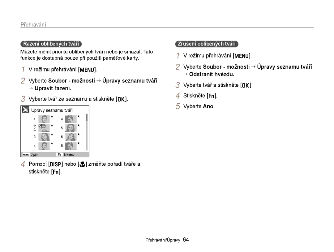 Samsung EC-WB600ZBPAE3, EC-WB600ZBPBE3 manual Režimu přehrávání m, → Upravit řazení, Vyberte tvář ze seznamu a stiskněte o 