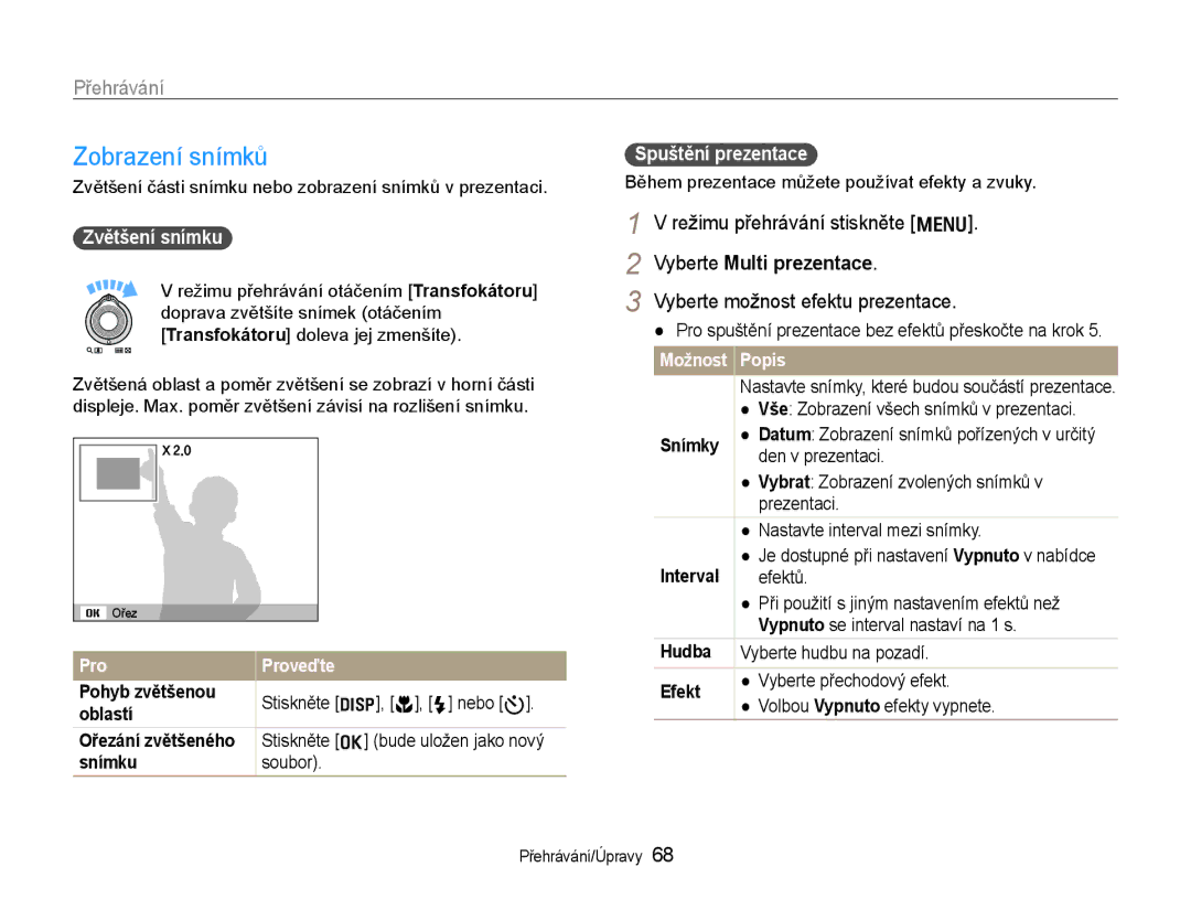 Samsung EC-WB600ZBPBE3, EC-WB600ZBPNE3 manual Zvětšení snímku, Zvětšení části snímku nebo zobrazení snímků v prezentaci 