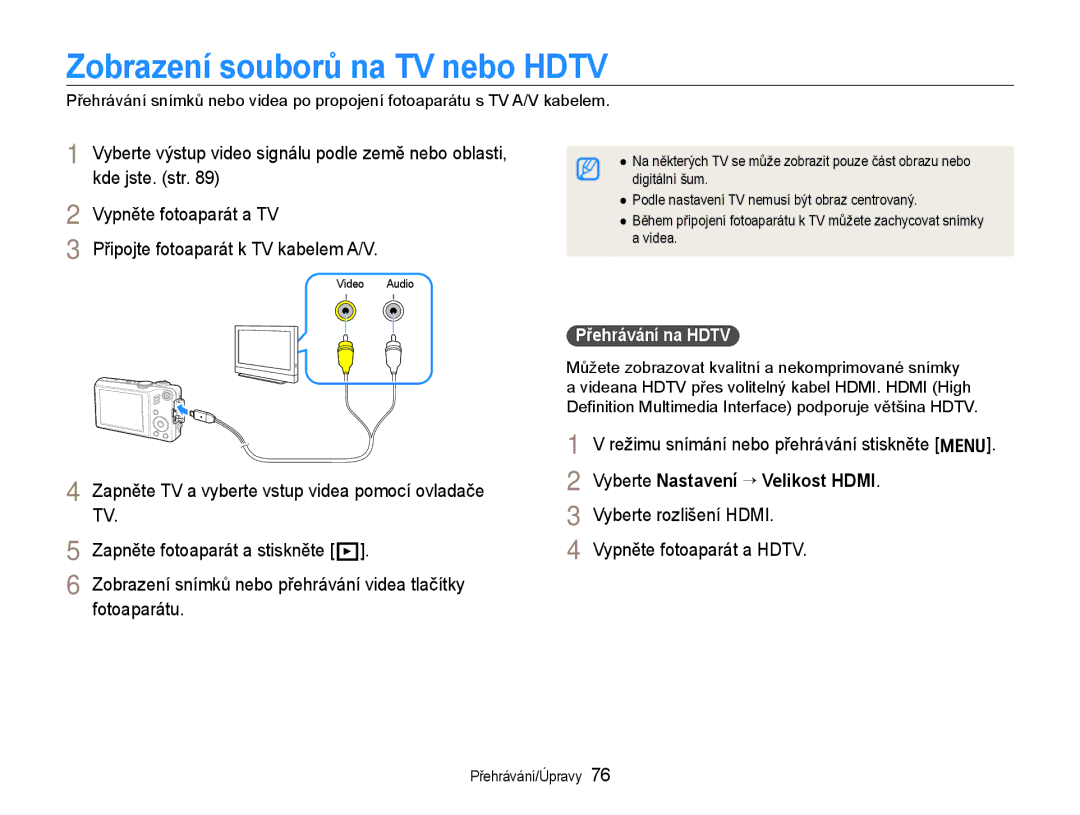 Samsung EC-WB600ZBPAE3, EC-WB600ZBPBE3, EC-WB600ZBPNE3 manual Zobrazení souborů na TV nebo Hdtv, Přehrávání na Hdtv 