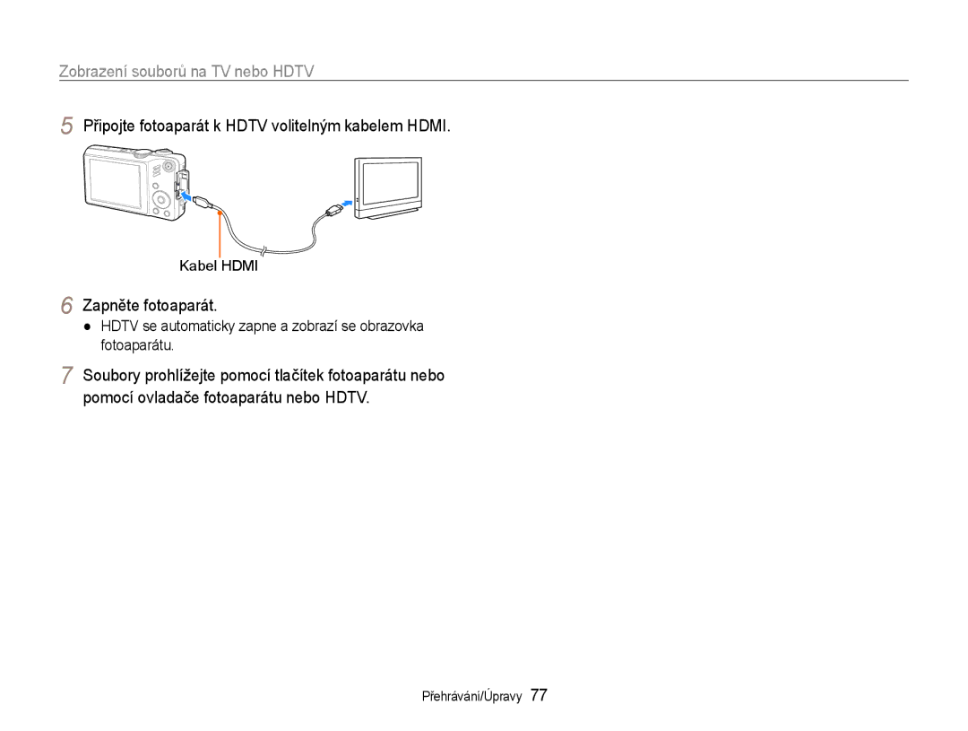 Samsung EC-WB600ZBPBE3, EC-WB600ZBPNE3 manual Připojte fotoaparát k Hdtv volitelným kabelem Hdmi, Zapněte fotoaparát 