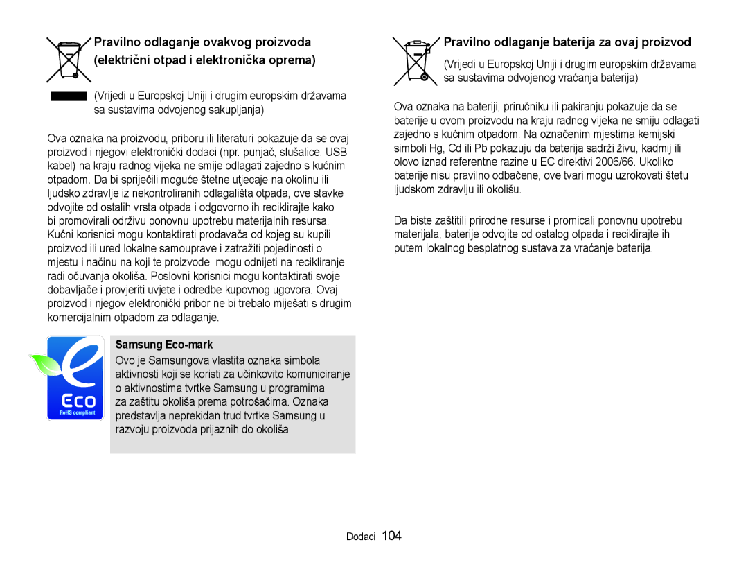 Samsung EC-WB600ZBPBE3, EC-WB600ZBPNE3, EC-WB600ZBPAE3 manual Pravilno odlaganje baterija za ovaj proizvod, Samsung Eco-mark 
